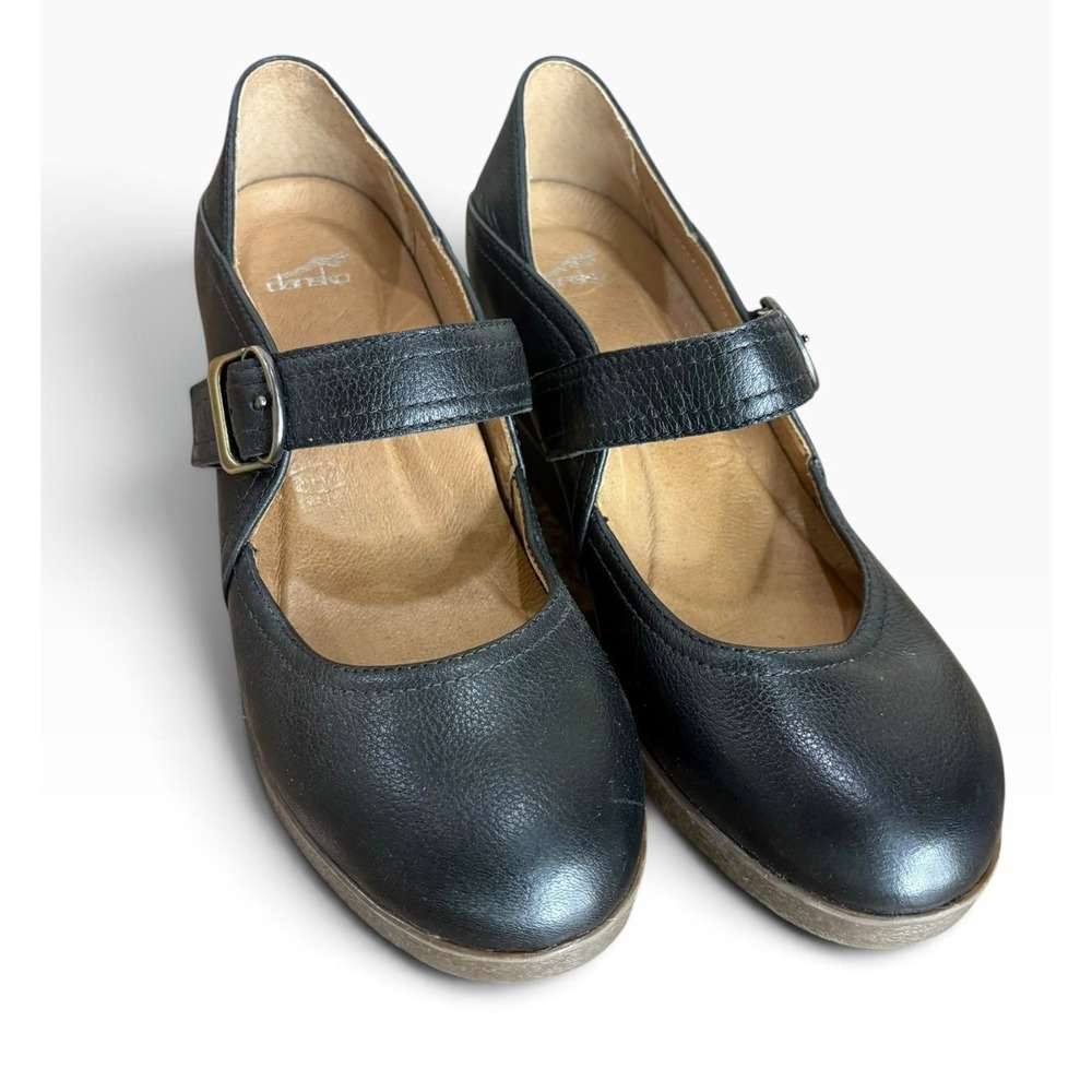 Dansko Sandy Black Leather Mary Jane Wedge Shoes Buckle Comfort Career Chic Work